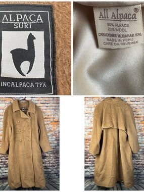 ALL ALPACA INCALPACA TPX Women's Long Brown Coat Double Breasted Peru Size 10